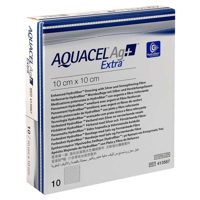 Convatec Medicazione In Hydrofiber E Ioni Argento Intessuta In Lyocell Aquacel Ag + Extra 10x10cm 10 Pezzi