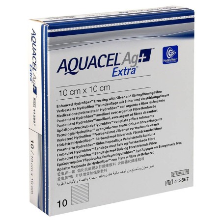 Convatec Medicazione In Hydrofiber E Ioni Argento Intessuta In Lyocell Aquacel Ag + Extra 10x10cm 10 Pezzi